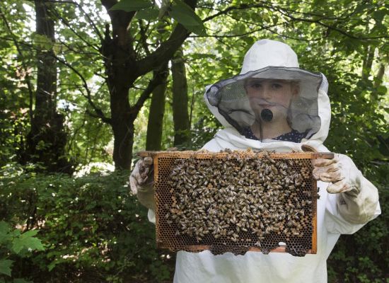 Bij de bijen in een imkerpak